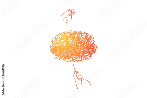 Hands untangling knot, pulling rope, psychotherapy, psychologist profession metaphor, confusion, problem solution