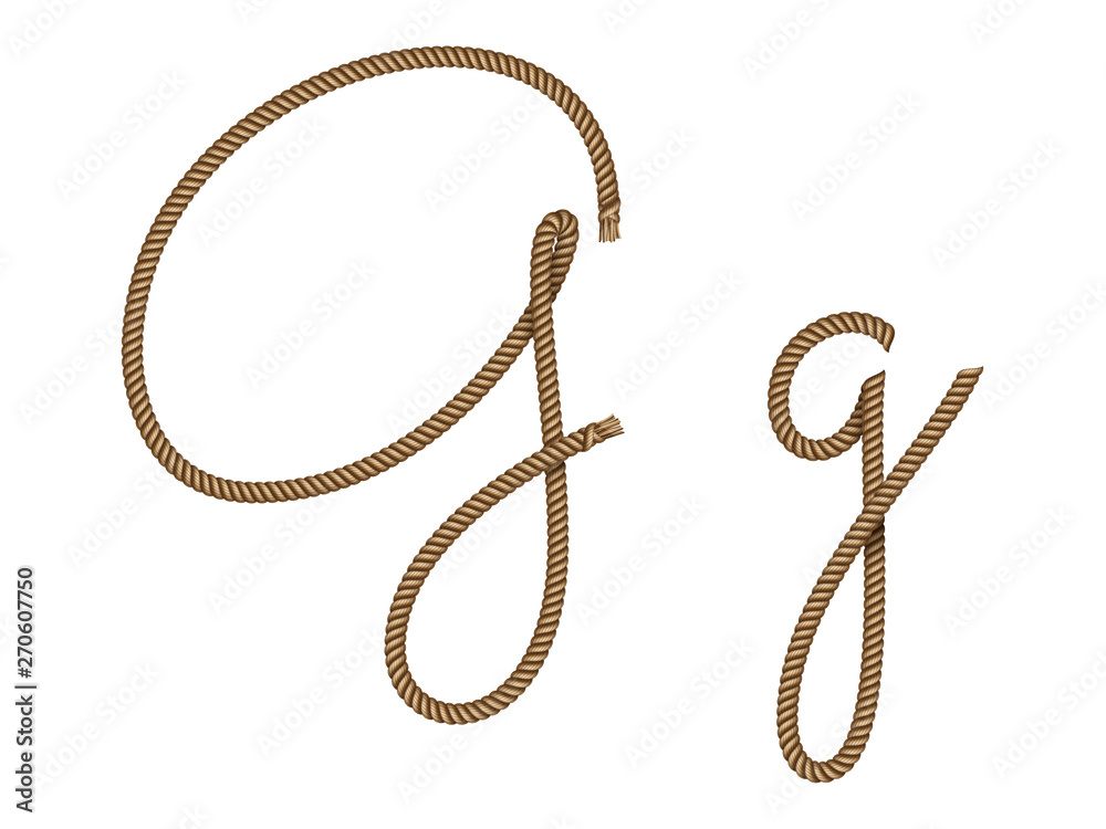 Obraz premium Rope hand drawn font, 3d realistic effect, capital uppercase and lowercase letters G. Vector illustration EPS 10