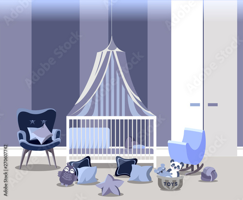 Baby room interior for boy with white furniture in flat style. Modern blue nursery design. illustration. photo