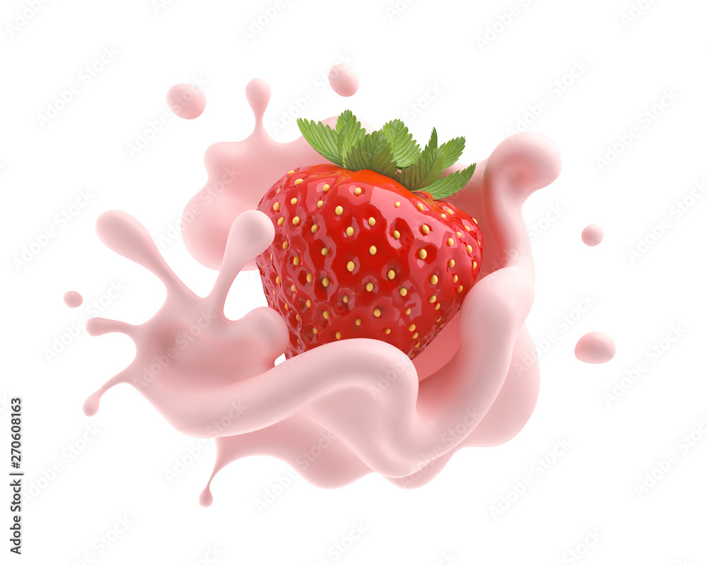 Strawberry Falling Into Pink Milk Or Yogurt Splash 3d Illustration strawberry-falling-into-pink-milk-or-yogurt-splash-3d-illustration