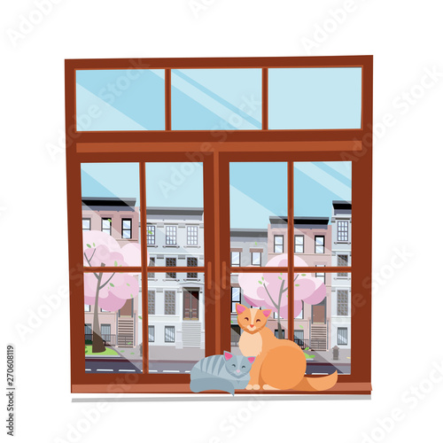 Spring view from the window. Closed brown wood window overlooking cityscape and blooming trees. Couple of cats in love on the windowsilll . Flat cartoon style illustration on white background photo