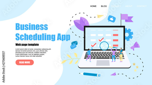 Webpage Template. Flat design business scheduling app on laptop computer with events, reminders and planning	