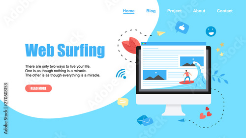 Webpage Template. Surfer surfing a wave web page vector illustration. Web page surfing concept. 
