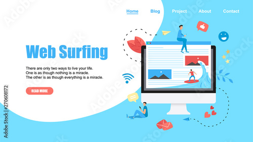 Webpage Template. Surfer surfing a wave web page vector illustration. Web page surfing concept. 