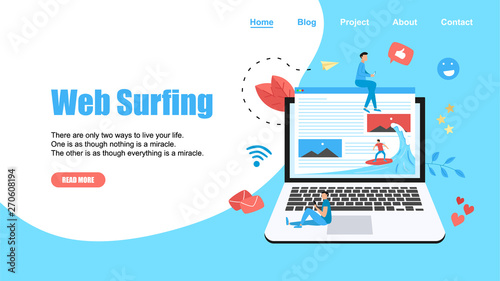 Webpage Template. Surfer surfing a wave web page vector illustration. Web page surfing concept.	