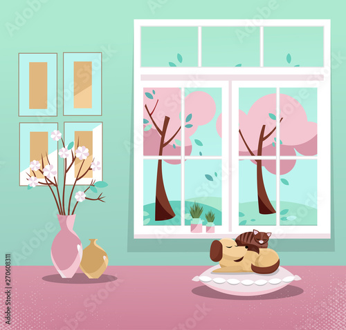 Window with a view of pink trees in blossom and flying leaves. Springinterior with sleeping cat and dog, vases, pictures on mint wallpaper. Sweet home. Cozy interior. Flat cartoon illustration. photo