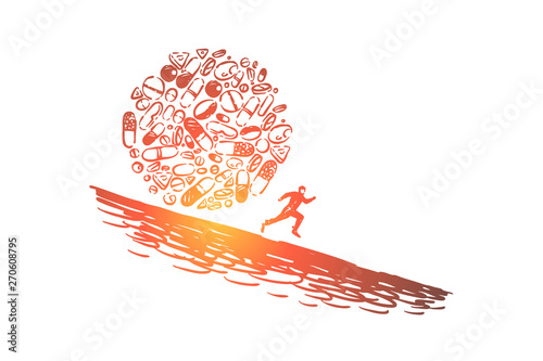 Medications health risk and damage, painkillers and drugs addiction, opioid crisis metaphor
