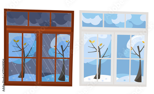 Set of 2 windows in flat style. A wooden brown window overlooking the winter evening, a white plastic window with a view of the winter day. Outside the window is a natural landscape 2 trees in snow photo