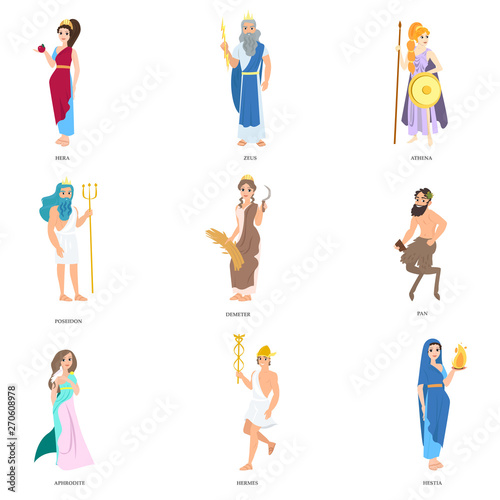 Set of cute greek gods character in different poses and clothes