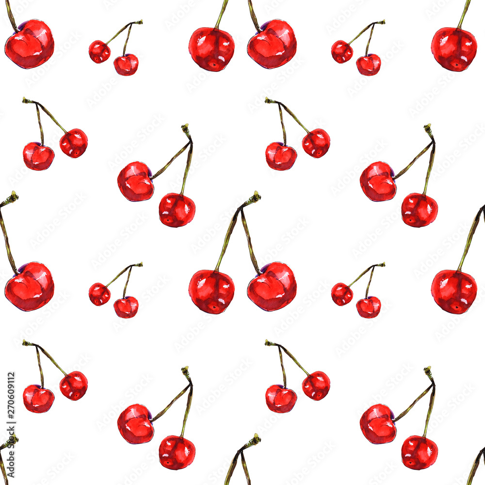 Watercolor seamless pattern from red juicy cherries. Sketch drawing. Food background, painted bright composition. Hand drawn food illustration. Fruit print. Summer sweet fruits and berries. Watercolor seamless pattern from red juicy cherries. Sketch drawing. Food background, painted bright composition. Hand drawn food illustration. Fruit print. Summer sweet fruits and berries.