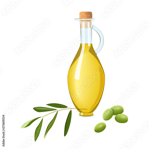 Glass bottle with olive oil, immature green olives branch and leaf. Card template text. Oilplant oilbearing crop