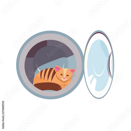 Cat in the washing machine drum. Cozy cat is naughty. Kitty inside laundry washer flat cartoon vector illustration isolated on white background. Joke element
