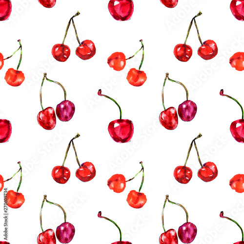 Watercolor seamless pattern from red juicy cherries. Sketch drawing. Food background  painted bright composition. Hand drawn food illustration. Fruit print. Summer sweet fruits and berries.