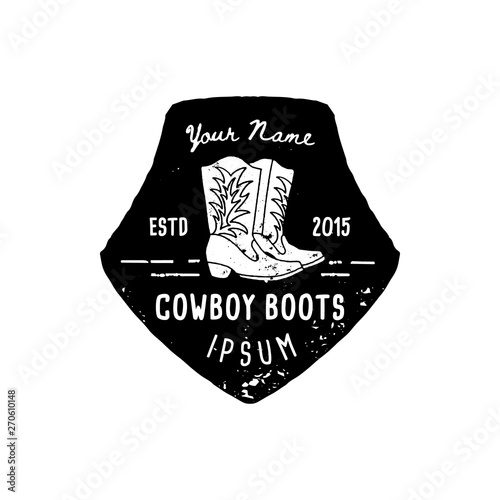 Western Logo cowboy boots hand Draw Grunge style. Wild West symbol sing of a cowboy boots and Retro Typography.