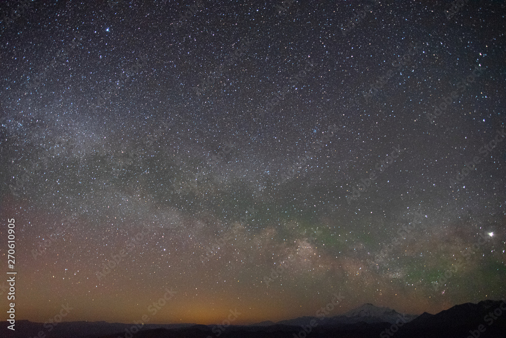 dark night sky with many stars and the milky way over the mountains