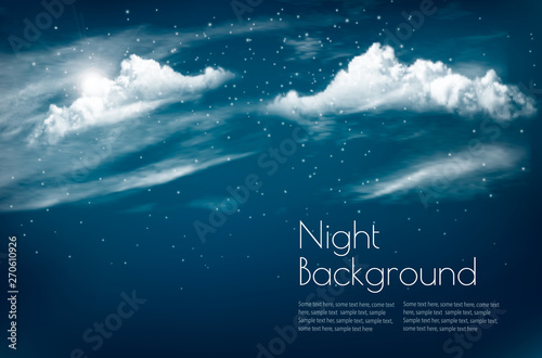 Night sky background with white clouds and moon. Vector