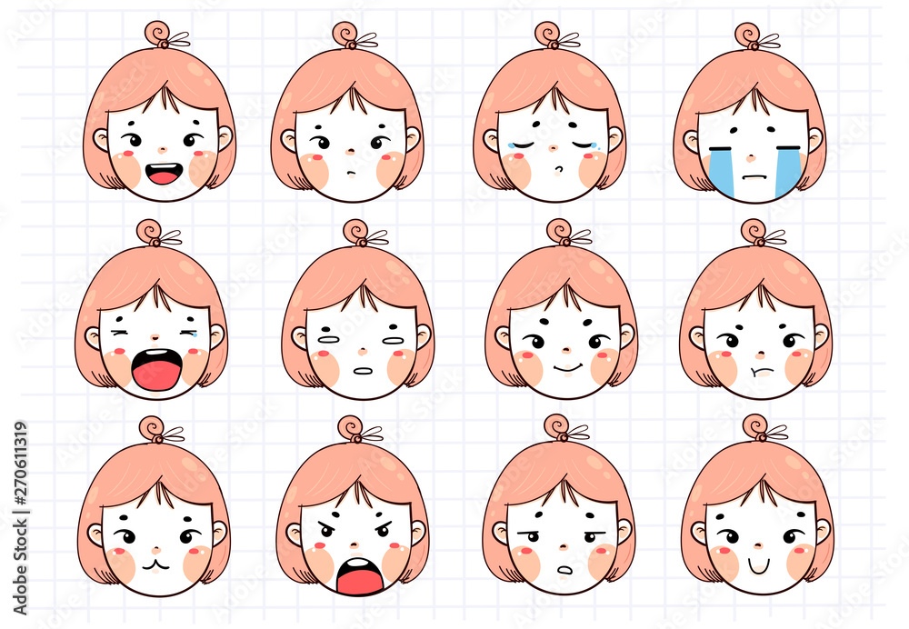 Kawaii girl with pink hair. Various face emotions. Cute funny character. Hand drawn vector set. Colored trendy illustration. Flat design. All elements are isolated Kawaii girl with pink hair. Various face emotions. Cute funny character. Hand drawn vector set. Colored trendy illustration. Flat design. All elements are isolated