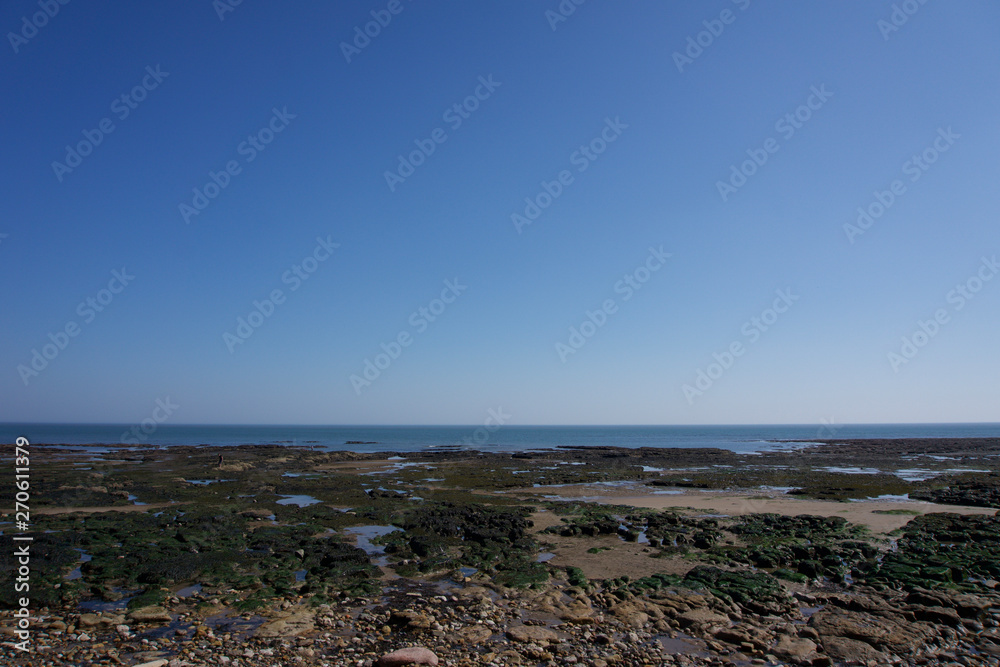 View across beach at low tide out to sea at Scarborough, Yorkshire, UK on a clear blue sky sunny day