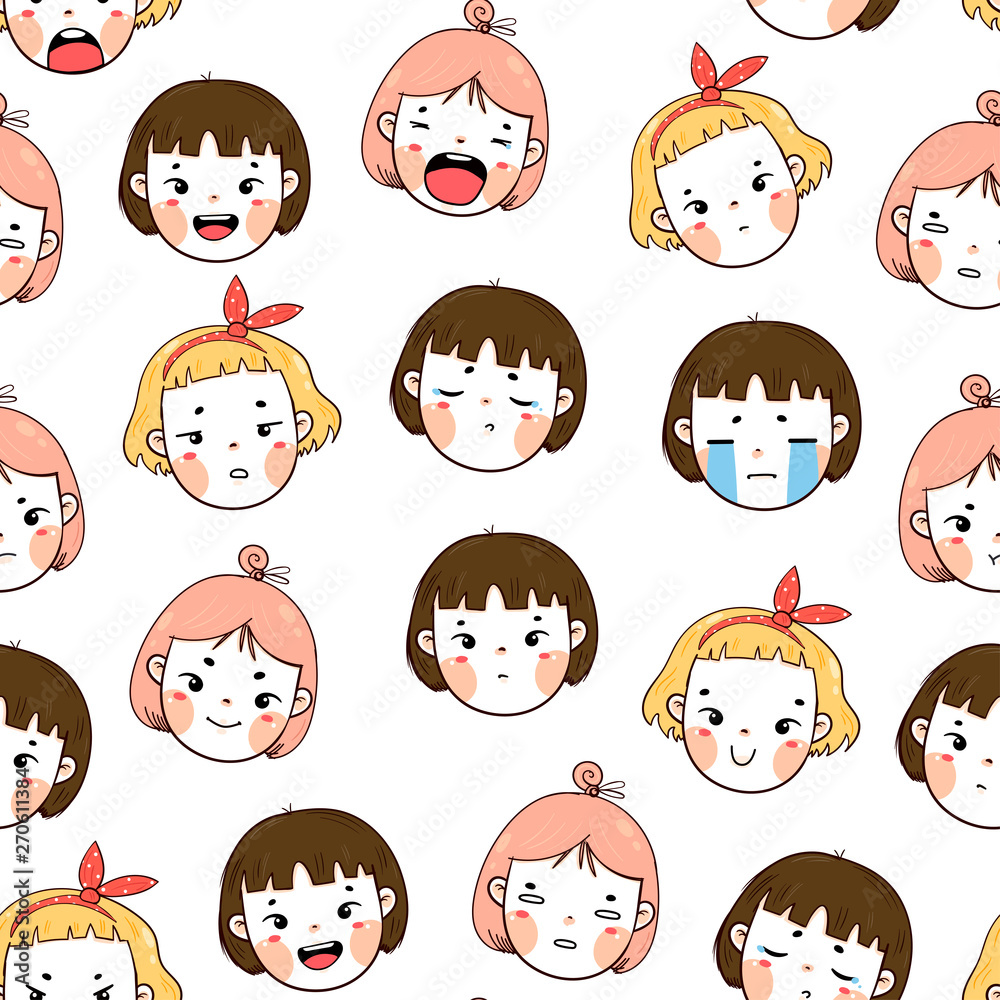 Three kawaii girls with various face emotions. Different cute funny characters with various haircuts. Hand drawn vector seamless pattern. Colored trendy illustration. Flat design Three kawaii girls with various face emotions. Different cute funny characters with various haircuts. Hand drawn vector seamless pattern. Colored trendy illustration. Flat design