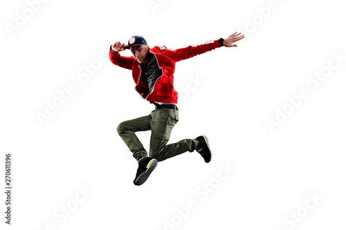 Isolated male Hip Hop Dancer. Beautiful guy dancing on white background