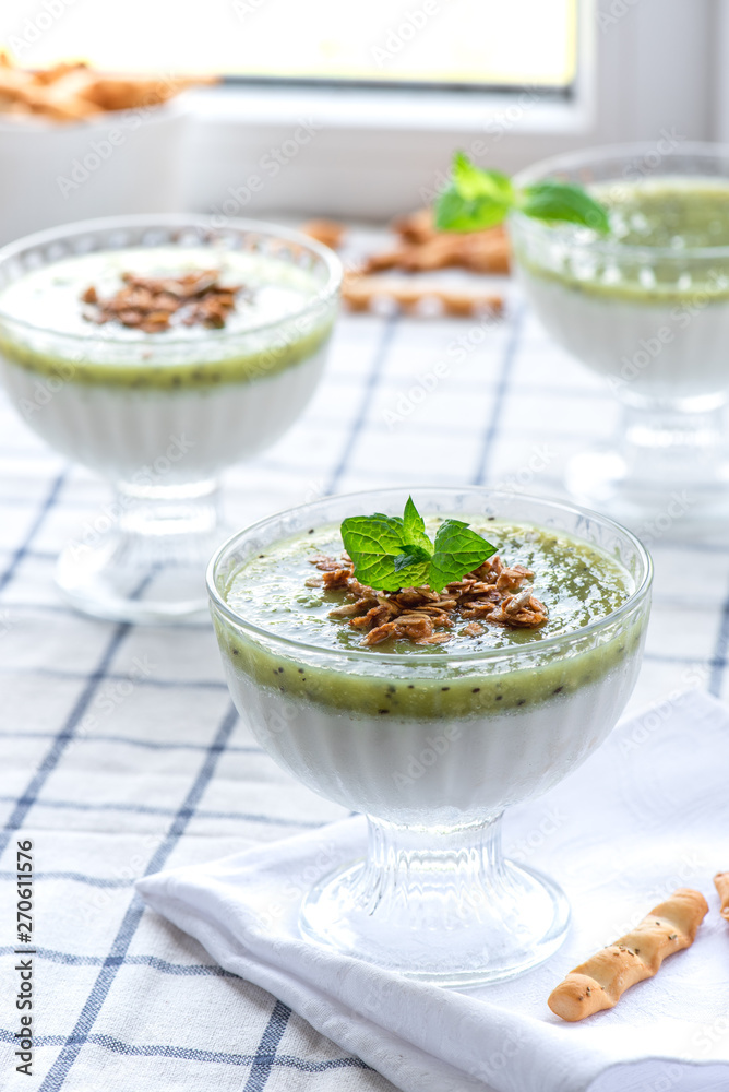 Milk dessert with kiwi. Pana cotta with green kiwi jelly in glass bowls. Sweet breakfast in bright colors. Milk dessert with kiwi. Pana cotta with green kiwi jelly in glass bowls. Sweet breakfast in bright colors.