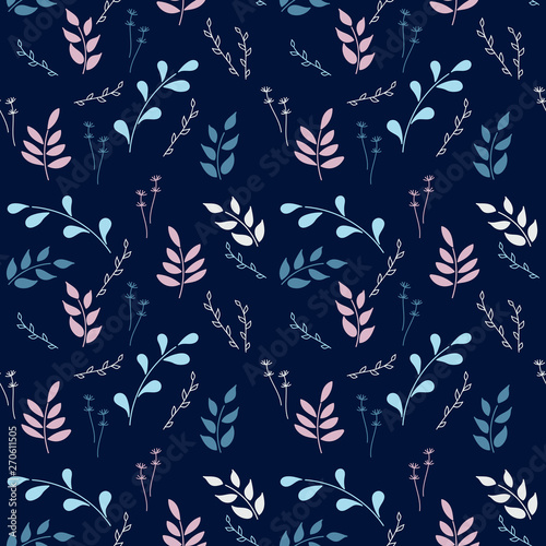 Botanical seamless pattern on dark background. Twigs with leaves, different types of plants. Vector.