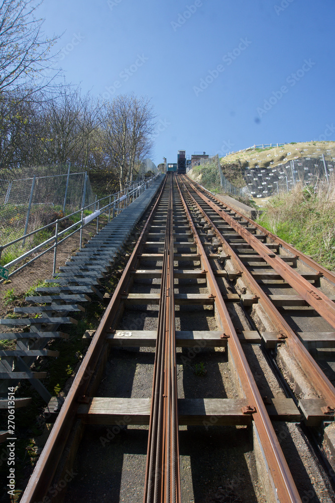 Looking up cliff funicular railway at Scarborough