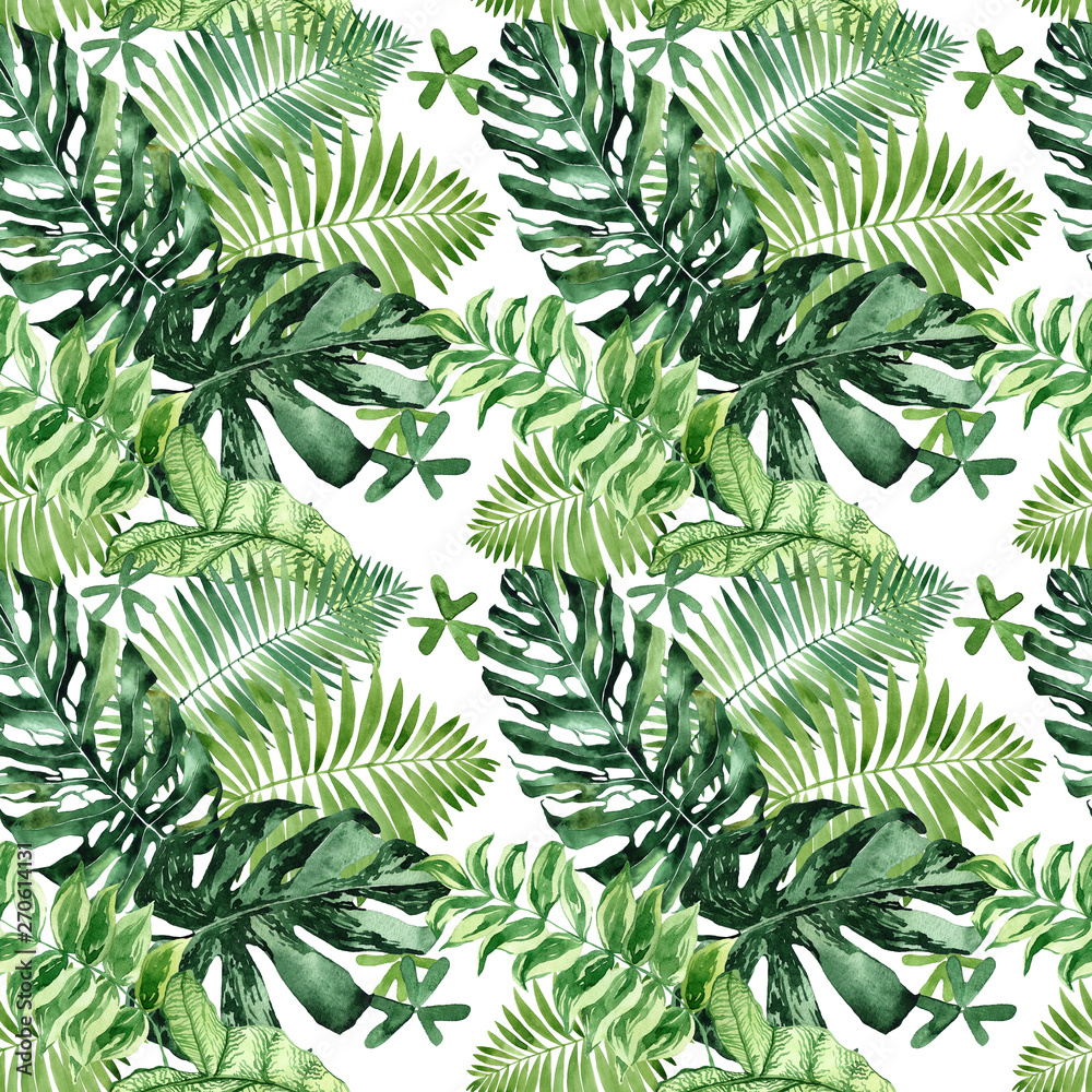 Watercolor seamless pattern with tropical leaves and houseplants leaves. Greenery. Succulent. Floral Design element. Perfect for invitations, cards, prints, posters