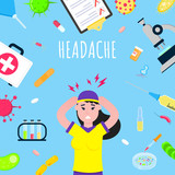 Woman with headache spot pain symbol, medical painkiller drug medicine icon sign isolated on medical background flat style design vector illustration gradient version. Headache poster concept.