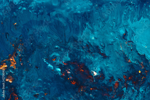Abstract acrylic paint background. Blue color coat layer blend. Surface water art composition. Oil painting pattern technique.