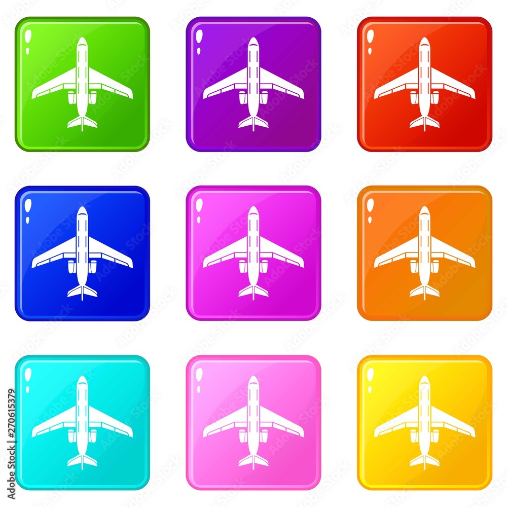 Passenger plane icons set 9 color collection isolated on white for any design