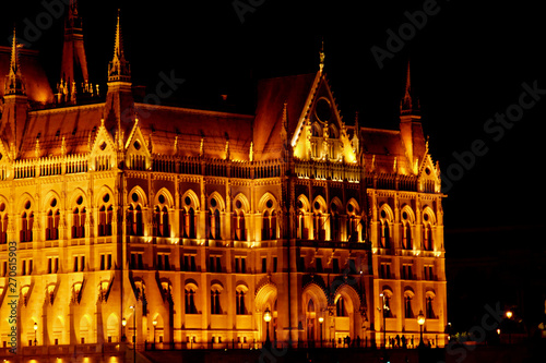 Budapest Hungary, 05.29.2019 Hungarian Parliament Building. night Budapest, glowing in gold. facade and roof of an old building