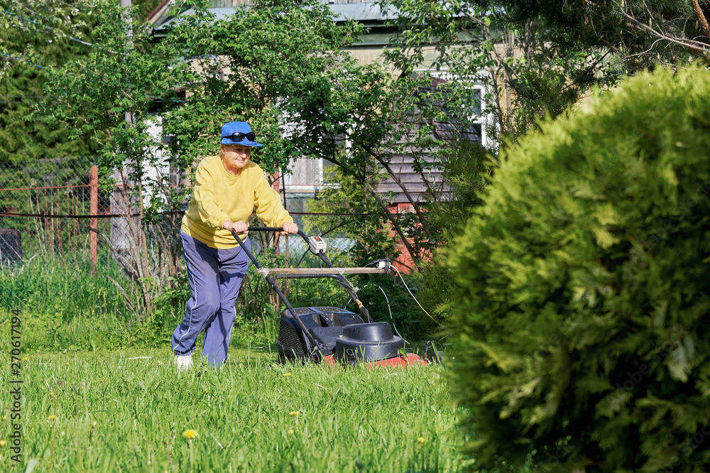 Happy elderly woman mows the lawn with an electric lawn mower on allotment  in a warm sunny day. Garden work Stock Photo | Adobe Stock