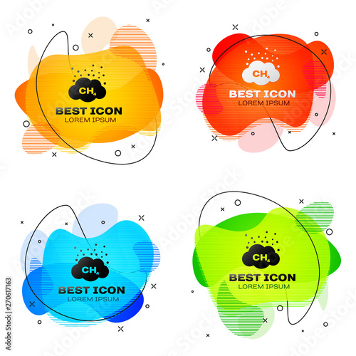 Black Methane emissions reduction icon isolated. CH4 molecule model and chemical formula. Marsh gas. Natural gas. Set of liquid color abstract geometric shapes. Vector Illustration