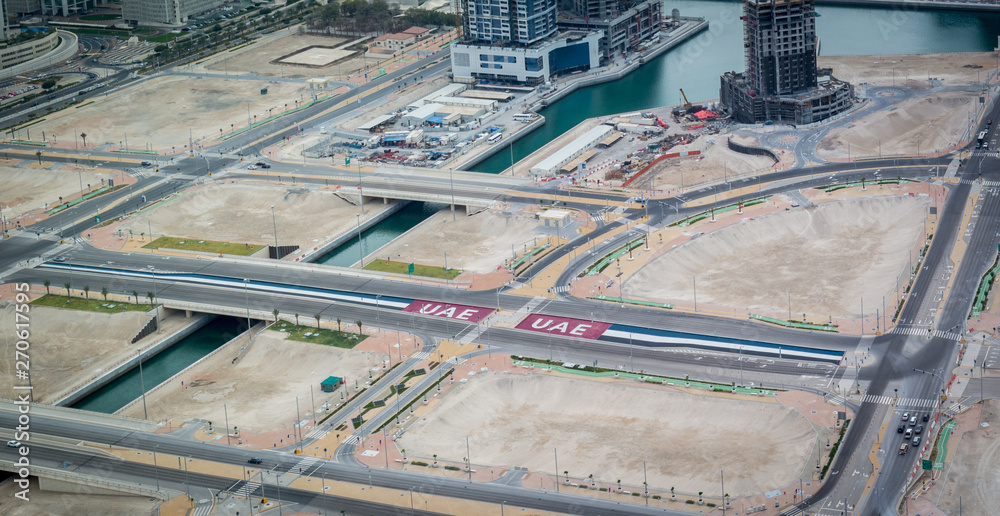 Aerial view of the United Arab Emirates flags painted on the streets