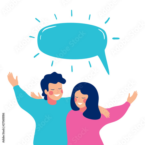 Smiling teenage boy and girl or school friends stand together with something to say. Speech bubble above happy children embracing each other. Flat cartoon vector illustration isolated on 