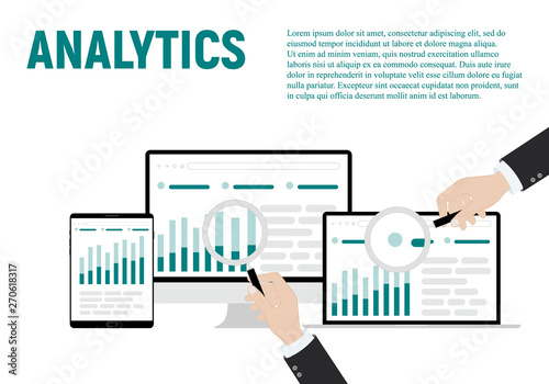 Vector illustration of Data analysis business information research solution concept with "analytics" Management and marketing concept.
