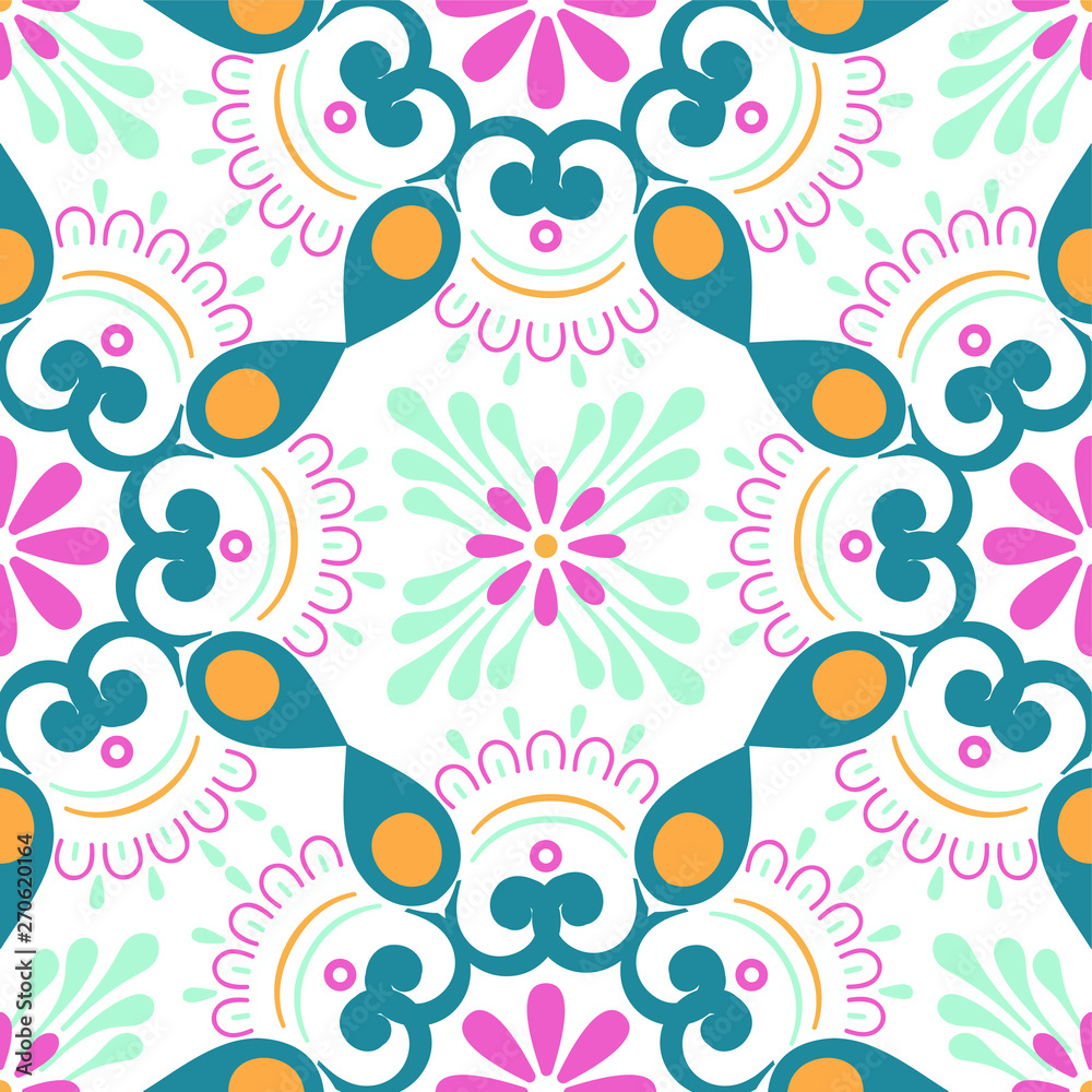 Vector abstract floral seamless pattern, ornamental background, repeat geometric tiles, flower figures, curved lines, grid, lattice.