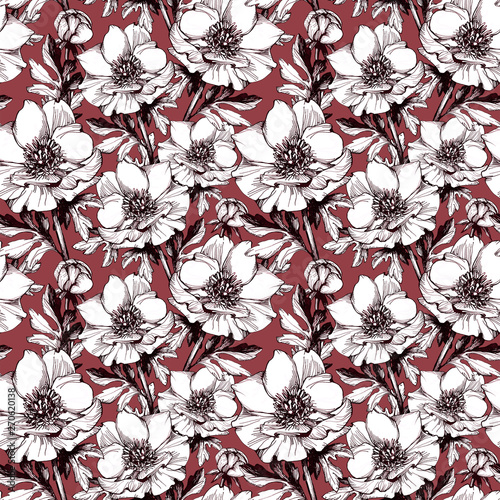 Graphic seamless pattern with flowers. Design of wallpaper and fabric. Handmade ink and pen.
