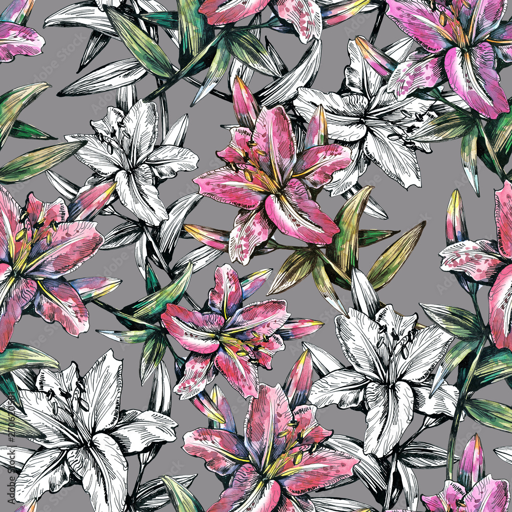 Fototapeta Seamless pattern with lilies