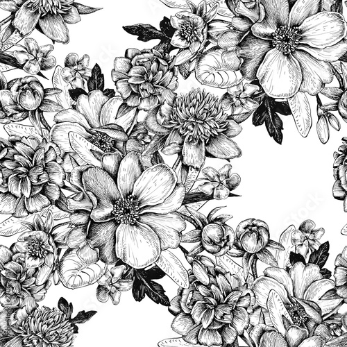 Fototapeta Naklejka Na Ścianę i Meble -  Illustration of graphic flowers and leaves. Handmade. Seamless pattern for wallpaper and fabric design. 