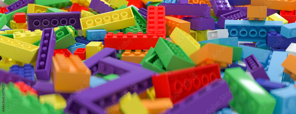 Naklejka premium Colored toy bricks background. Rainbow colors. 3D Rendering