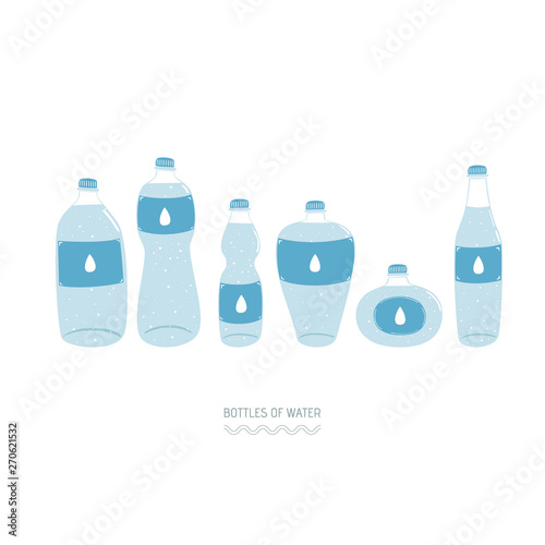 Flat style. Set of bottles of water. Icons. Use for card, poster, brochure, banner, web design. Eps10