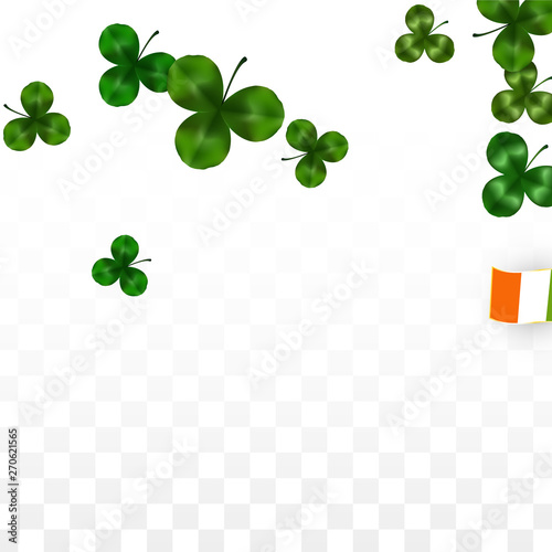 Vector Clover Leaf  and Ireland Flag Isolated on Transparent Background. St. Patrick s Day Illustration. Ireland s Lucky Shamrock Poster. Invitation for Irish Concert in Pub. Tourism in Ireland.