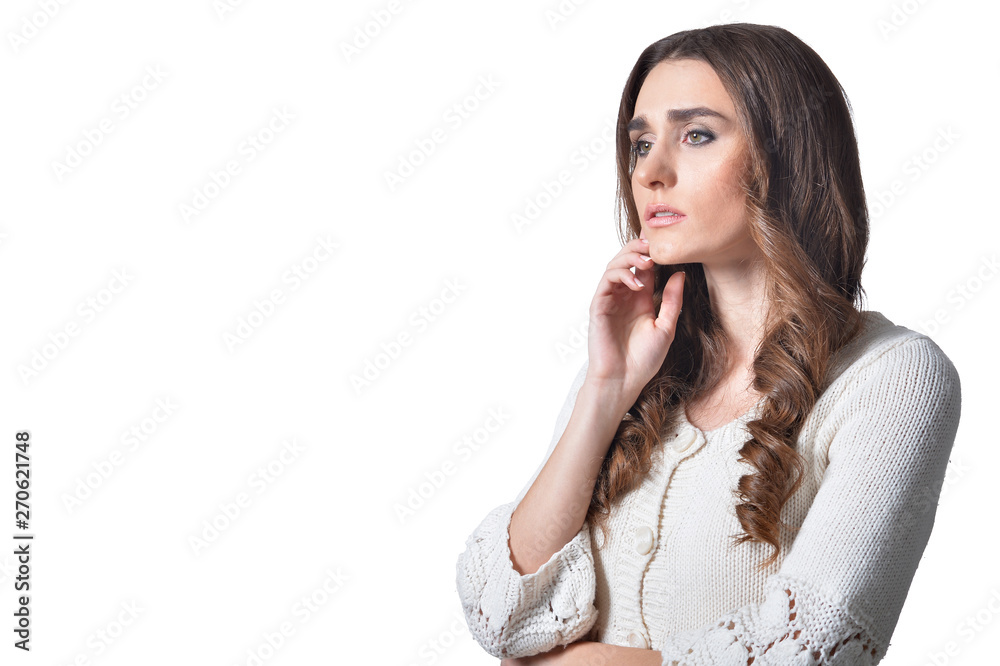 Portrait of beautiful woman posing on white background Portrait of beautiful woman posing on white background