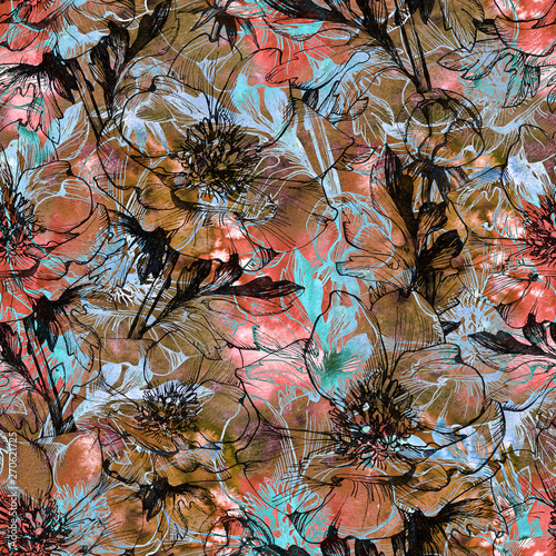 Stylized abstract seamless pattern with graphic floral elements for fabric design, packaging and wallpapers.