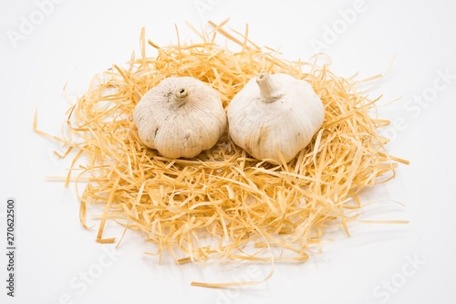 Garlic on the nest with isolated white background shooting in studio.