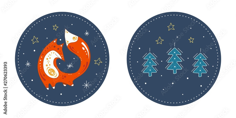 Naklejka premium Cute poster with a red fox and fir on the background of winter. Isolated flat illustration of animal in doodle style. With a design element of spruce and stars.