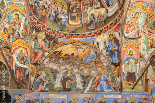 Religious frescoes on the treatises from the Bible, painted on the church wall in Rila Monastery, Bulgaria