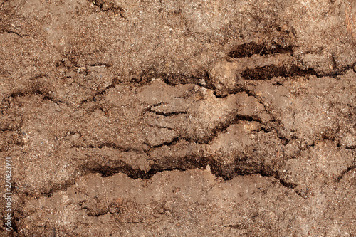 Dirty dry dark brown soil sand earth land ground. Natural environmental textured abstract background terrain. Unusual pattern shape with cracks, holes and curvy lines.